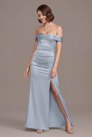 View Galina Signature Sculpting Satin Off-the-Shoulder Mermaid Dress in all available color and sizes Picture of Sculpting Satin Off-the-Shoulder Mermaid Dress