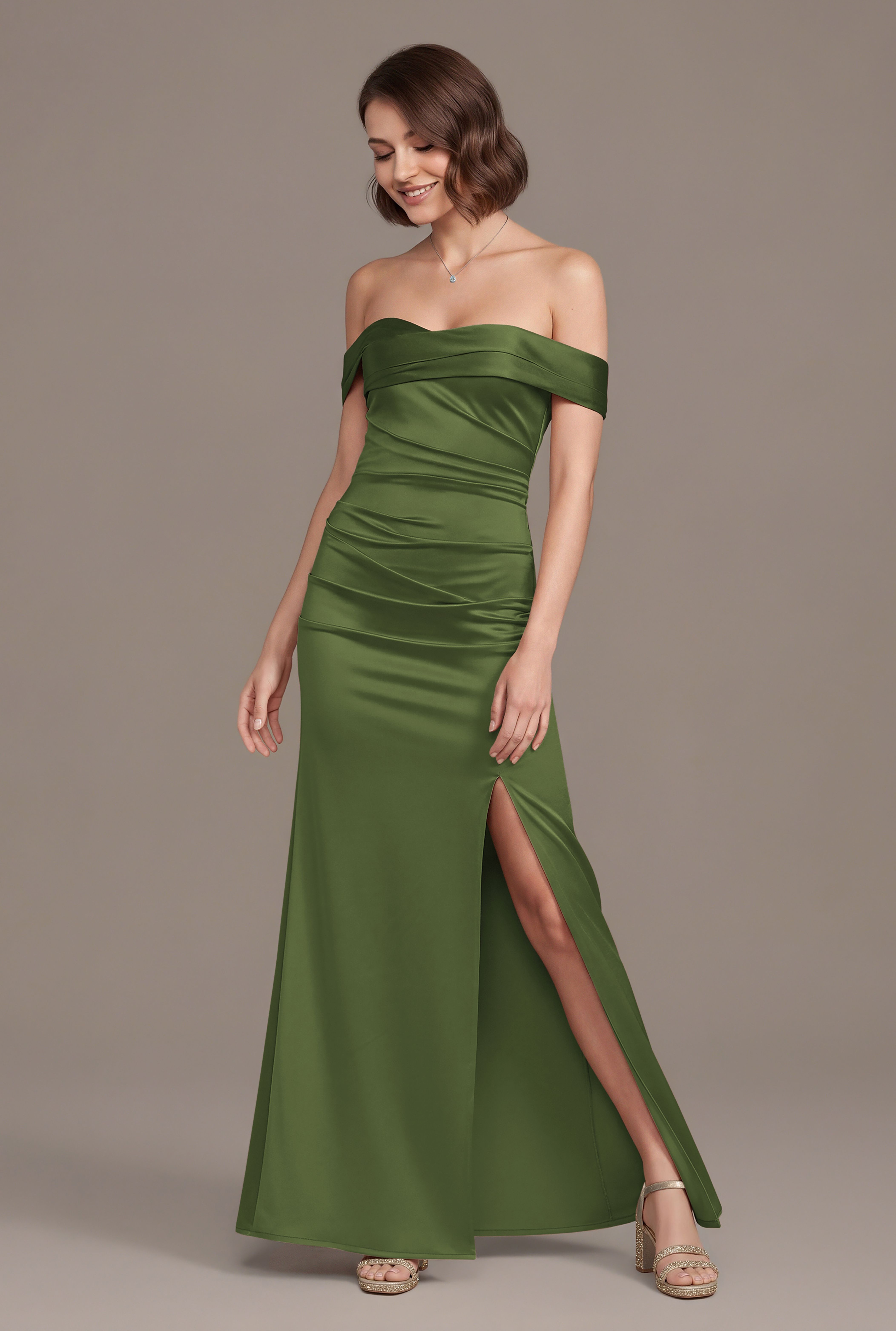 Galina Signature Sculpting Satin Off-The-Shoulder Mermaid Dress in Martini Olive Size: 1X David's Bridal