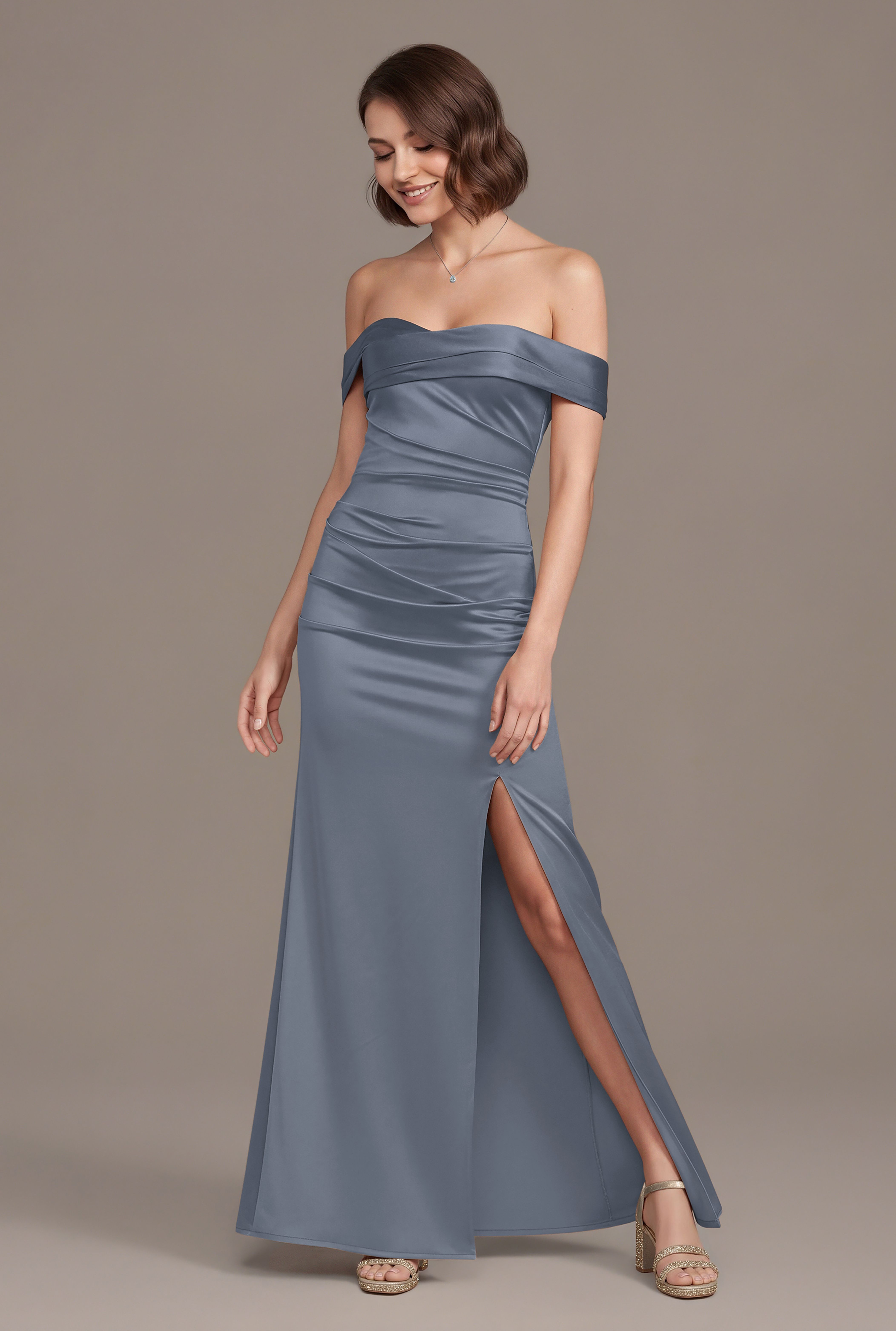 Galina Signature Sculpting Satin Off-The-Shoulder Mermaid Dress in Steel Blue Size: 3X David's Bridal