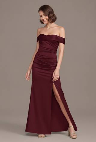 View Galina Signature Sculpting Satin Off-the-Shoulder Mermaid Dress in all available color and sizes Picture of Sculpting Satin Off-the-Shoulder Mermaid Dress