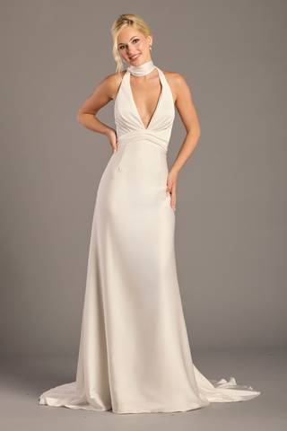 Picture of Matte Satin Halter A-Line Wedding Dress with Scarf