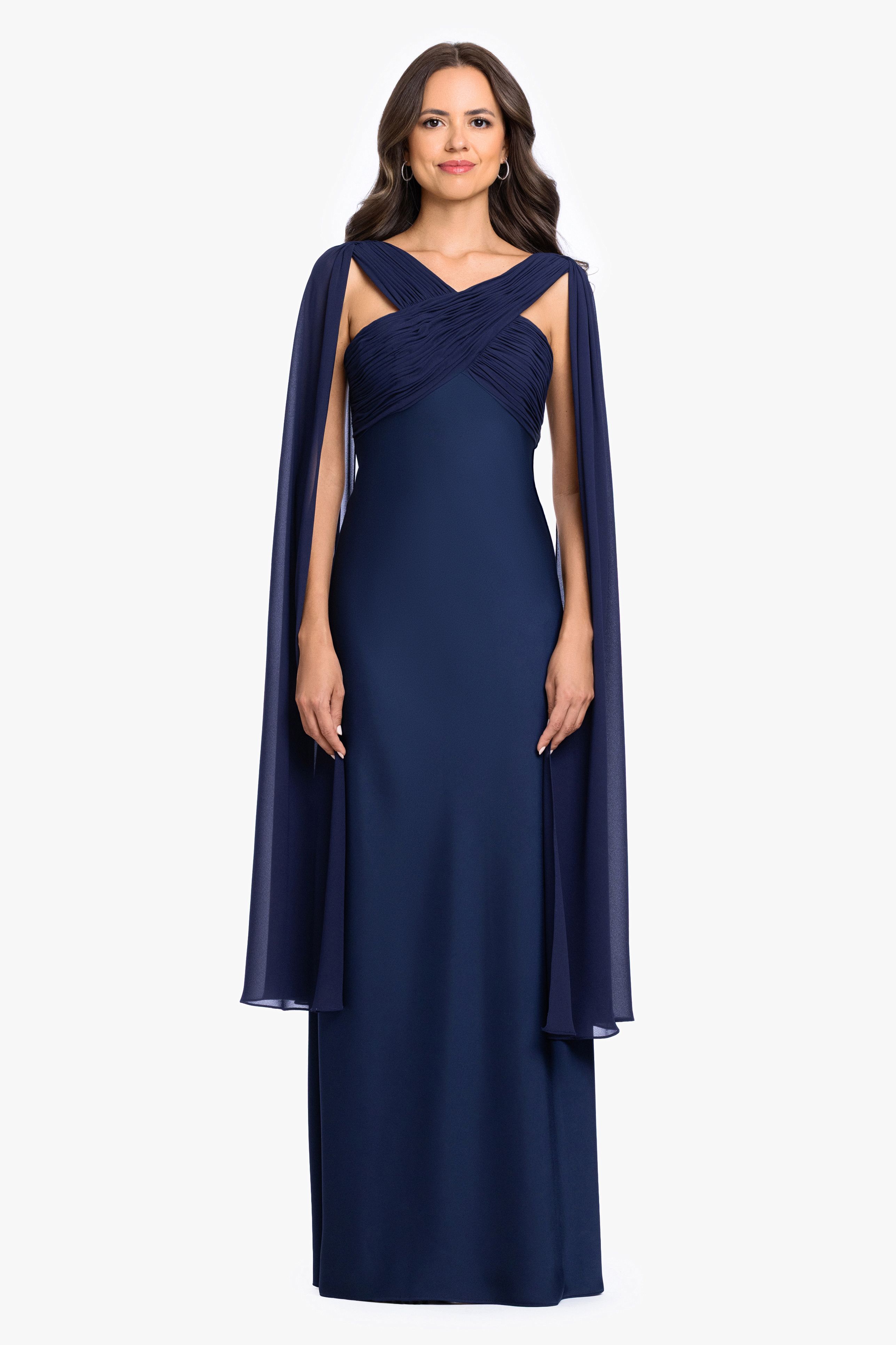 Betsy and Adam Matte Satin Halter Sheath Dress With Chiffon Cascade in Navy Size: 8 David's Bridal