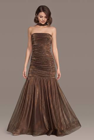 Picture of Strapless Ruched Metallic Mermaid Dress with Scarf