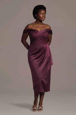 Picture of Satin Sweetheart Off-the-Shoulder Tea-Length Dress