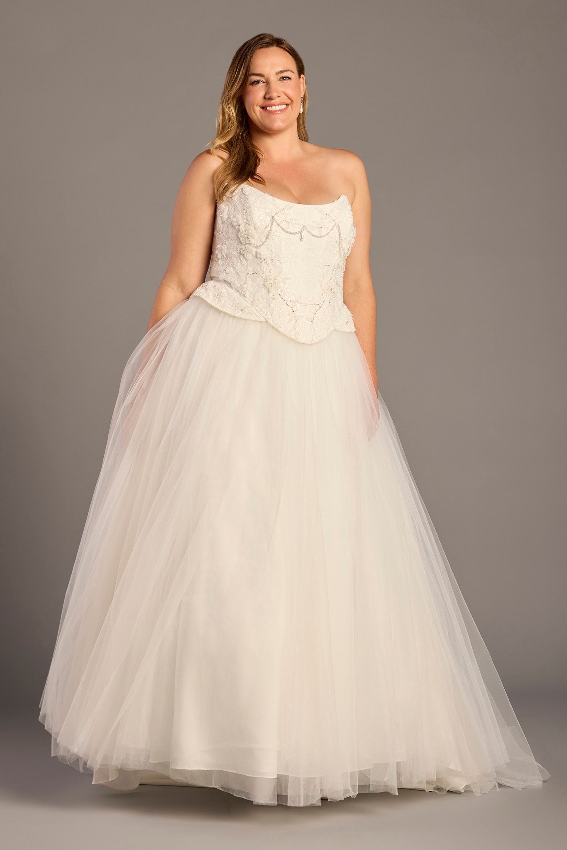 Oleg Cassini Sculpted Strapless Tulle Ball Gown Wedding Dress in Soft White Size: 20W David's Bridal