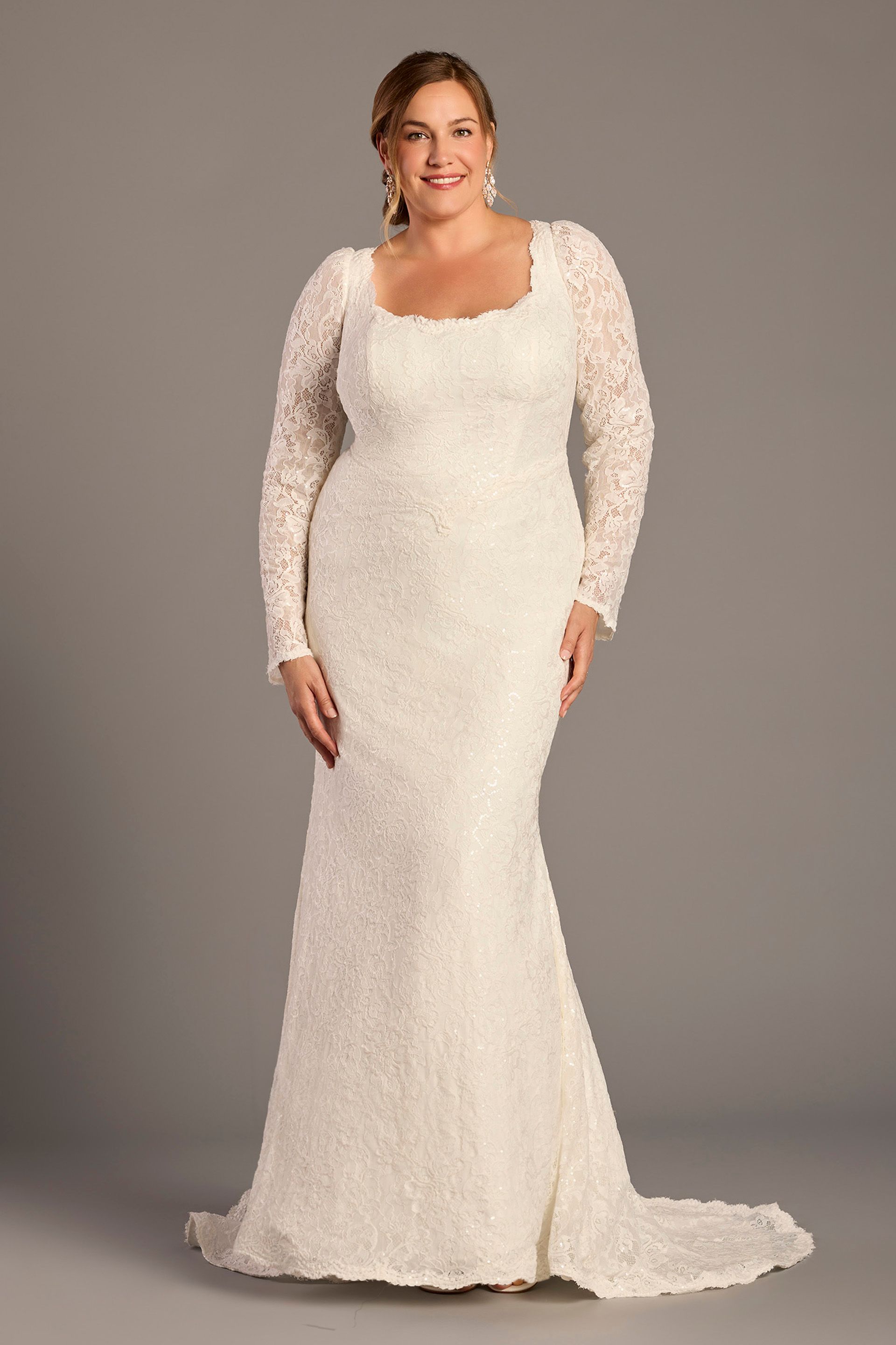 Galina Signature Lace Square Neck Long Sleeve Mermaid Wedding Dress in Soft White Size: 20W David's Bridal