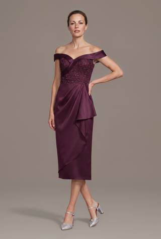 Picture of Satin Sweetheart Off-the-Shoulder Tea-Length Dress