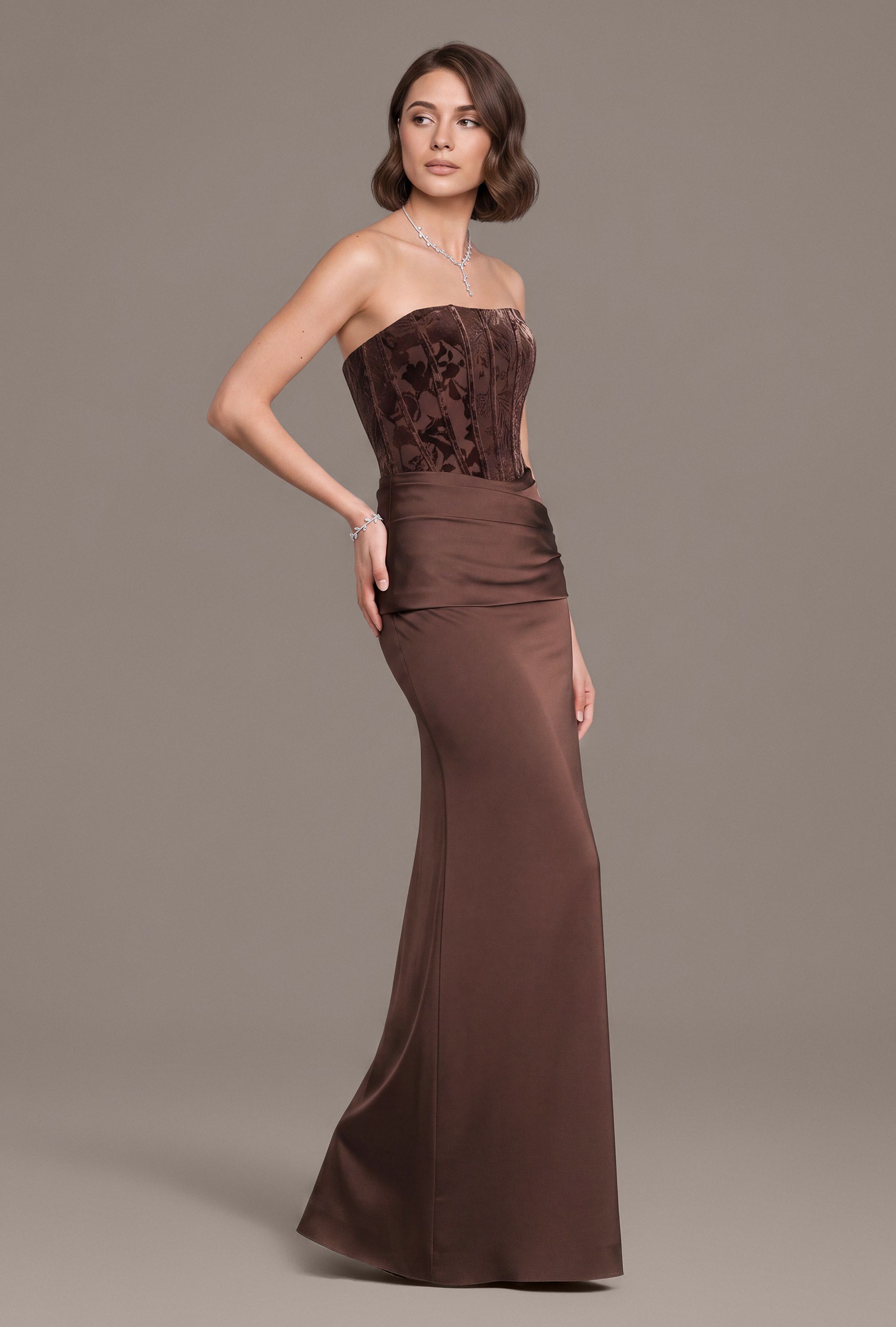 Galina Signature Velvet And Matte Satin Strapless Sheath Dress in Chocolate Size: Medium David's Bridal
