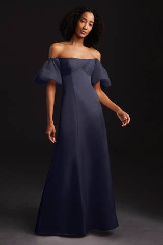 Picture of Satin A Line Dress with Organza Puff Sleeves