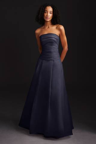 View Vera Wang Bride Strapless Organza Pleated Bodice Drop Waist Dress in all available color and sizes Picture of Strapless Organza Pleated Bodice Drop Waist Dress