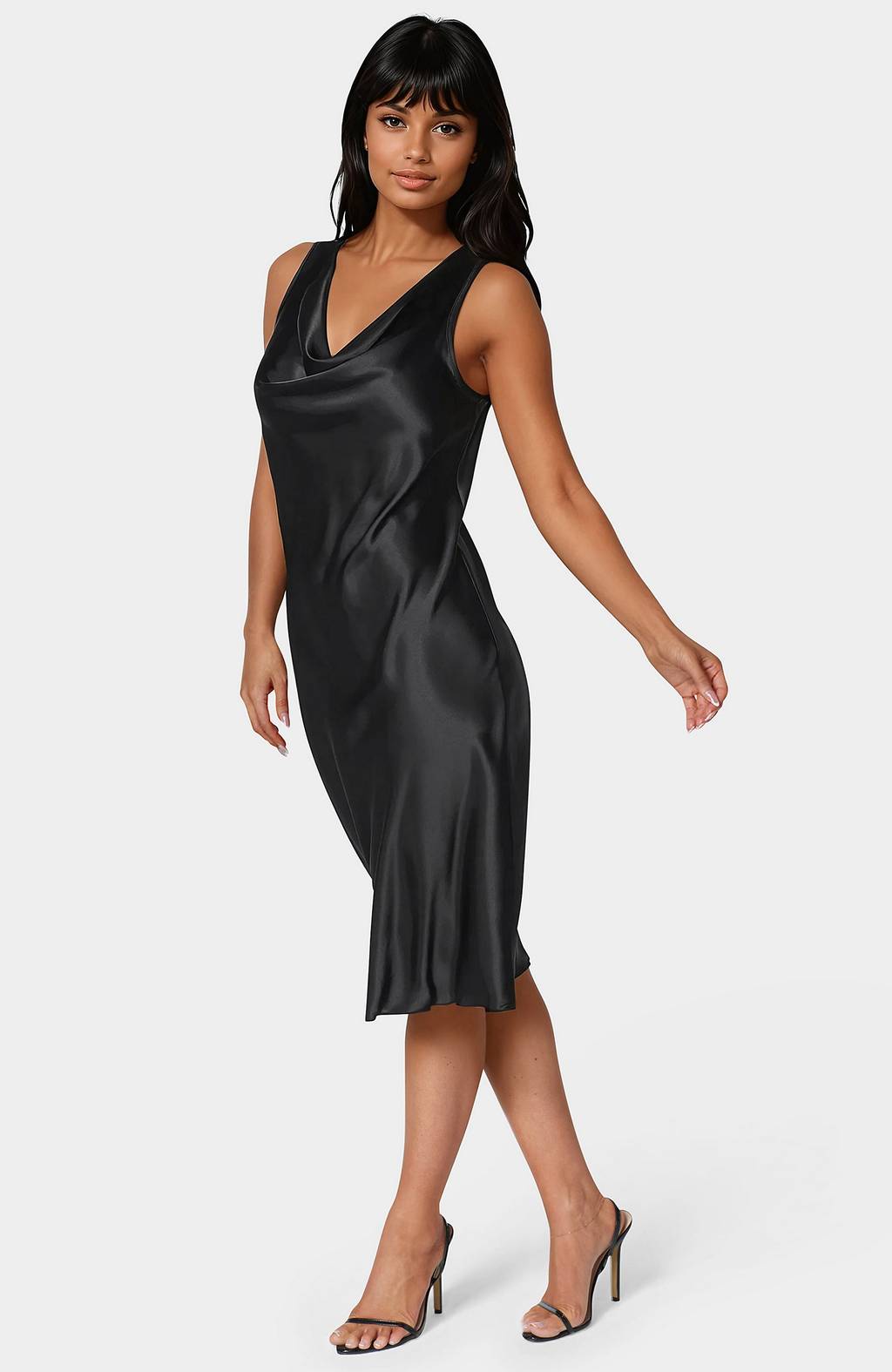 satin sleeveless midi dress As I Expected Brown Satin Cowl Neck Sleeveless Midi Dress