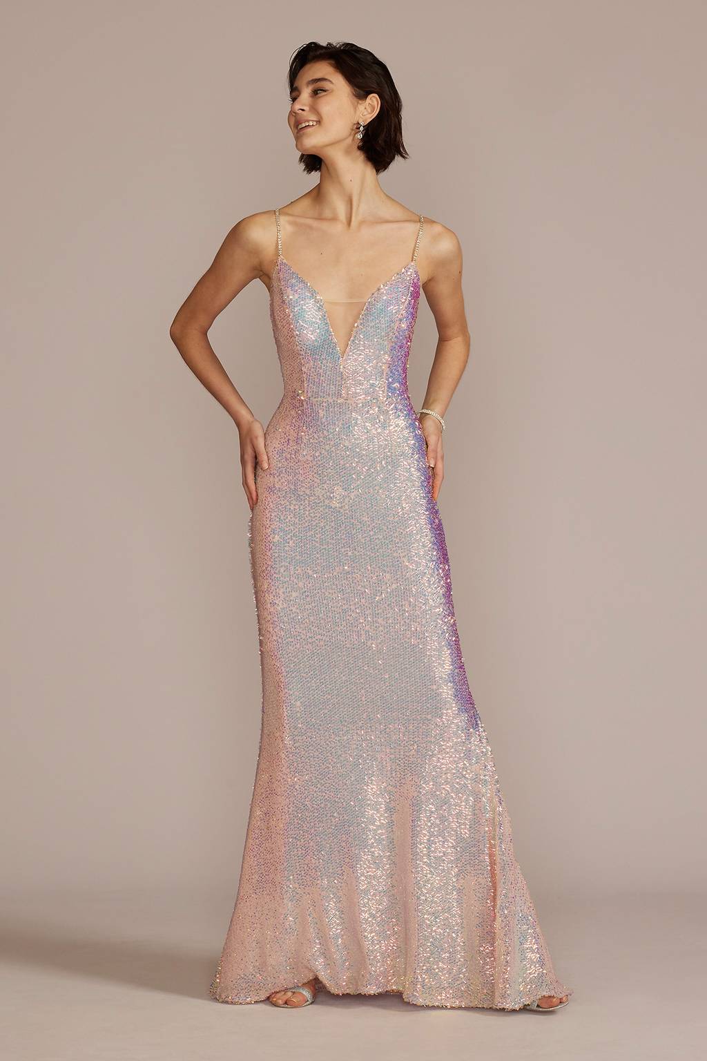 sequin iridescent dress Full V-Neck A-Line /w Leg Slit Long... – Silforma Women's Deep V-Neck Cap Sleeves/Short neck gown with side Color:COGNAC