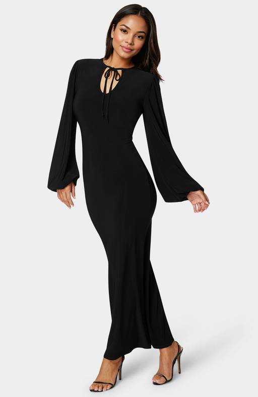 black flare sleeve maxi dress Bell Sleeve Fit and Flare Crewneck Long Dress