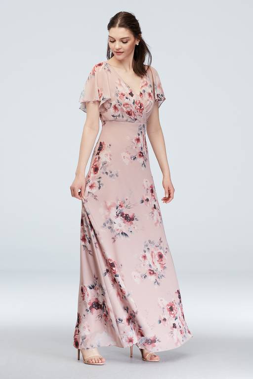 long flutter sleeve dress david's bridal Flutter Sleeve Bridesmaid Dress with Cascade