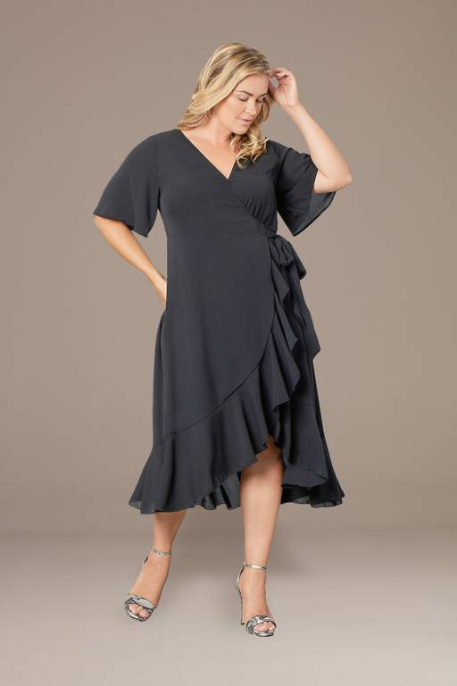grey wrap dress plus size Plus Size Chloe Ruffled Crepe High-Low Wrap Dress
