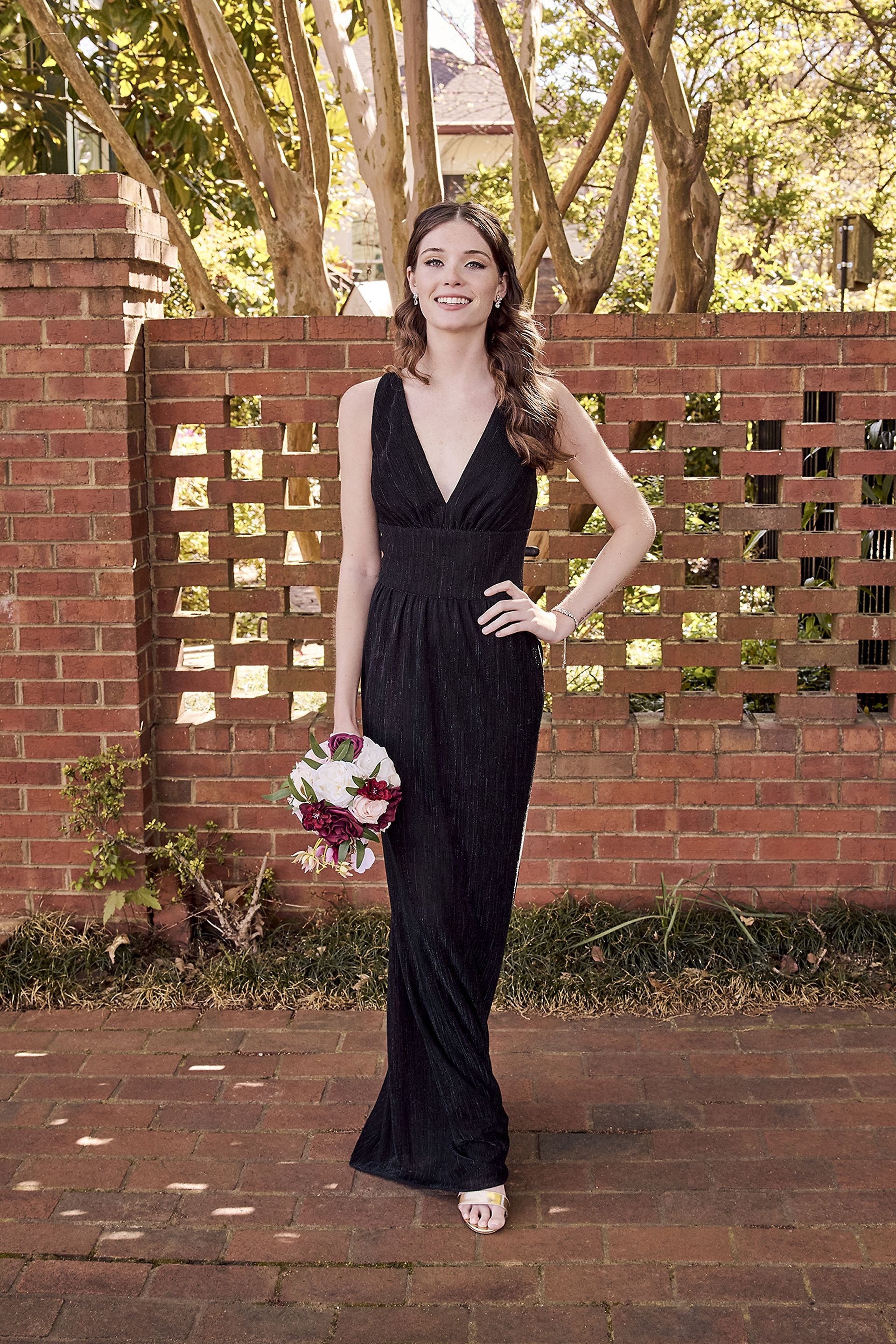 Metallic V-Neck Pleated A-Line Dress | David's Bridal