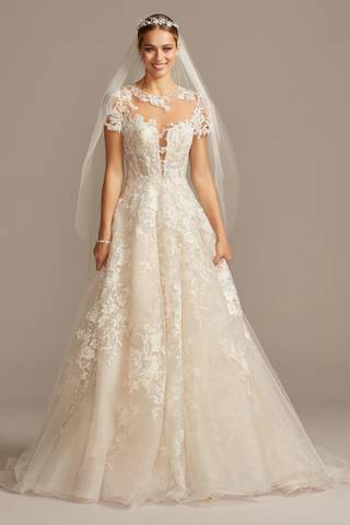 View Oleg Cassini Lace Illusion Cap Sleeve Ball Gown Wedding Dress in all available color and sizes Picture of Lace Illusion Cap Sleeve Ball Gown Wedding Dress