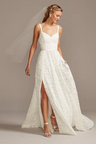 View Melissa Sweet Grosgrain Banded Stretch Lace Wedding Dress in all available color and sizes Picture of Grosgrain Banded Stretch Lace Wedding Dress