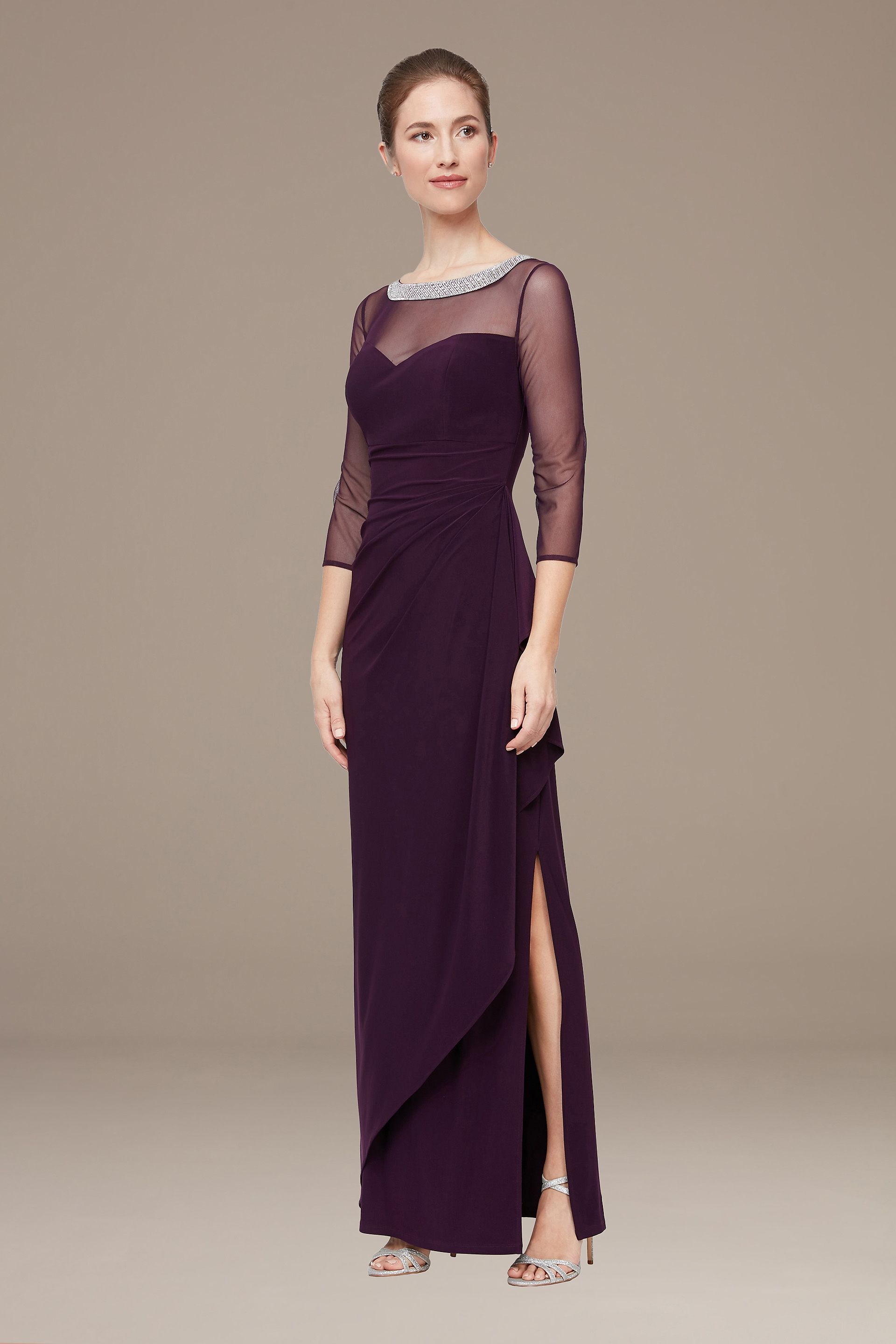 Picture of Petite Ruched Sheath with Beaded Illusion Neckline