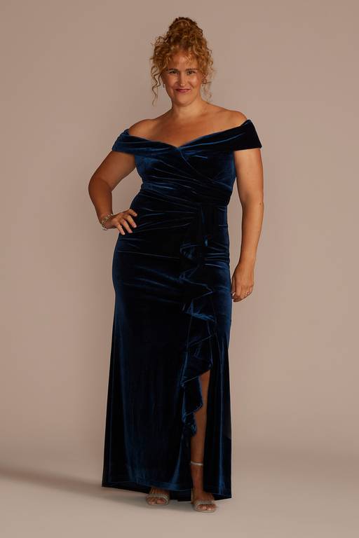 david's bridal blue velvet dress Velvet Off-the-Shoulder Sheath with Ruffle