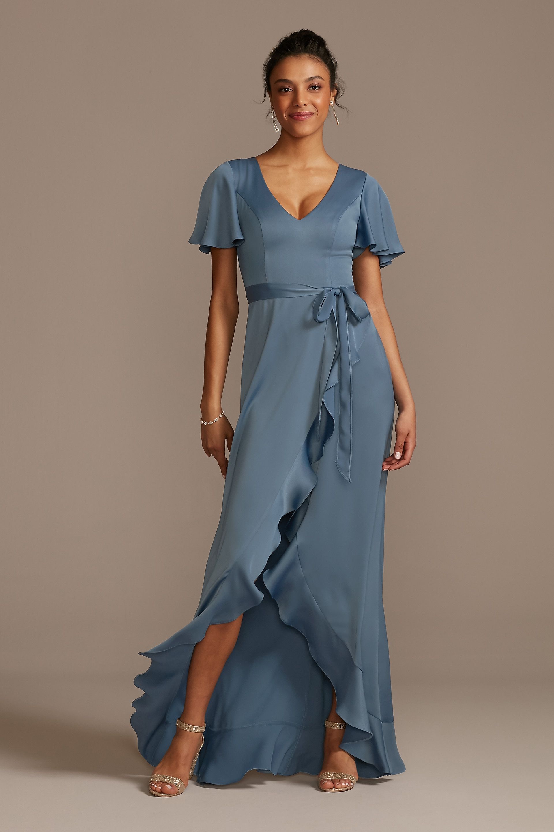 bridesmaid dresses ruffle Ever-Pretty Plus Size Off the Shoulder Chiffon Budget Dress with Thigh Split ensuring the bridesmaid will feel stunning throughout the day Pleated V-Neck Asymmetric Ruffle Chiffon