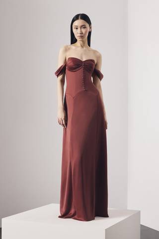 terracotta bridesmaid dresses david's bridal David's Bridal Off-the-Shoulder Satin A-Line Dress in Desert Coral, Size 6