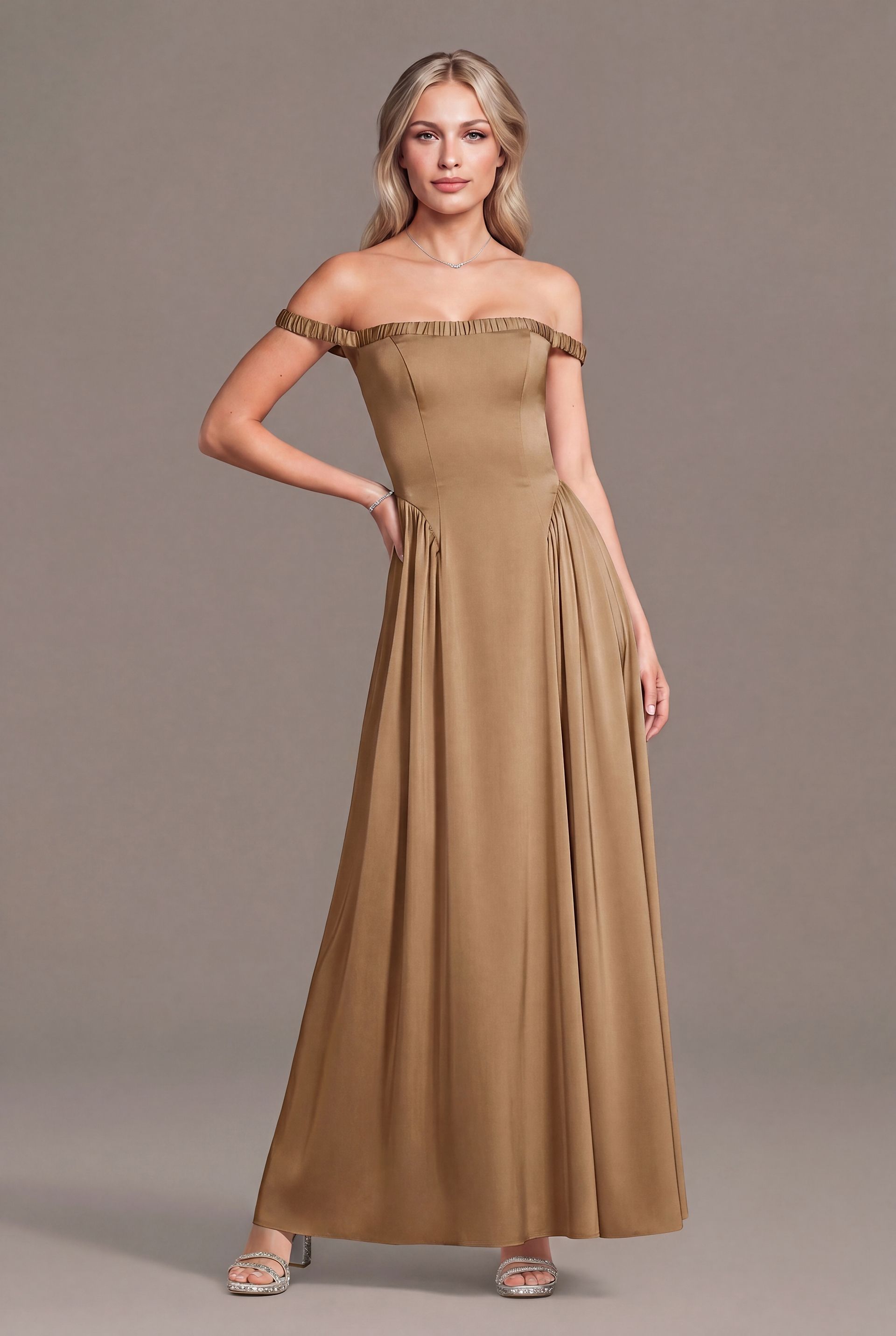 Matte Satin Off-the-Shoulder A-Line Dress