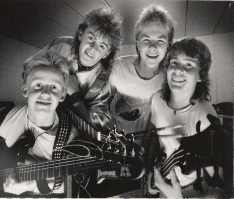 Damage 1986 Harry Olav Wiik,Cato Thorsen, Roger Thorsen. Jon Sjøen. foto: Harald Nordbakken/Haugesunds Avis/lagt ut av Jon Sjøen