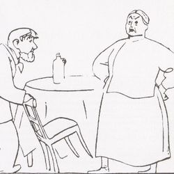 Tegning av Ola Aanestad som Børe og Helene Mauritzen som Maktå