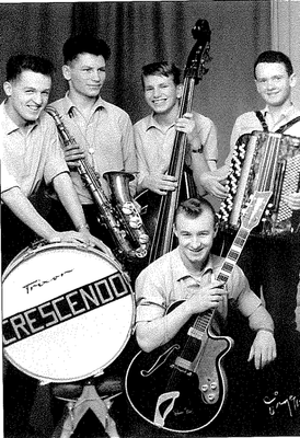 Cresendo i 1963 Foran:Alf (Alli) Gjesdal Bak: Svein Dag Hana,Amund(Ømli) Hetland, Jan Otto Evjen og Gunnar Todnem. (Foto:Vågen)