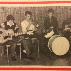 Åkra bandet "The Rockets" på spillejobb i Kopervik i mai 1960. Bildet tilhører Aage Bu