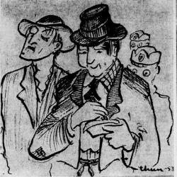 Gunnar Eide og Ragnar Schreiner tegnet som tatere i stykket Bjørnepatruljen klipp fra Stavangeren