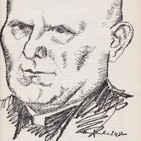 Mauritz Andreas Brekke tegnet av Henry Imsland i Stavanger Aftenblad i Brekkes 70 års dag i 1948   med