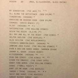 Låtliste fra Hekkans første konsert, maskinskrevet av Tore Renberg