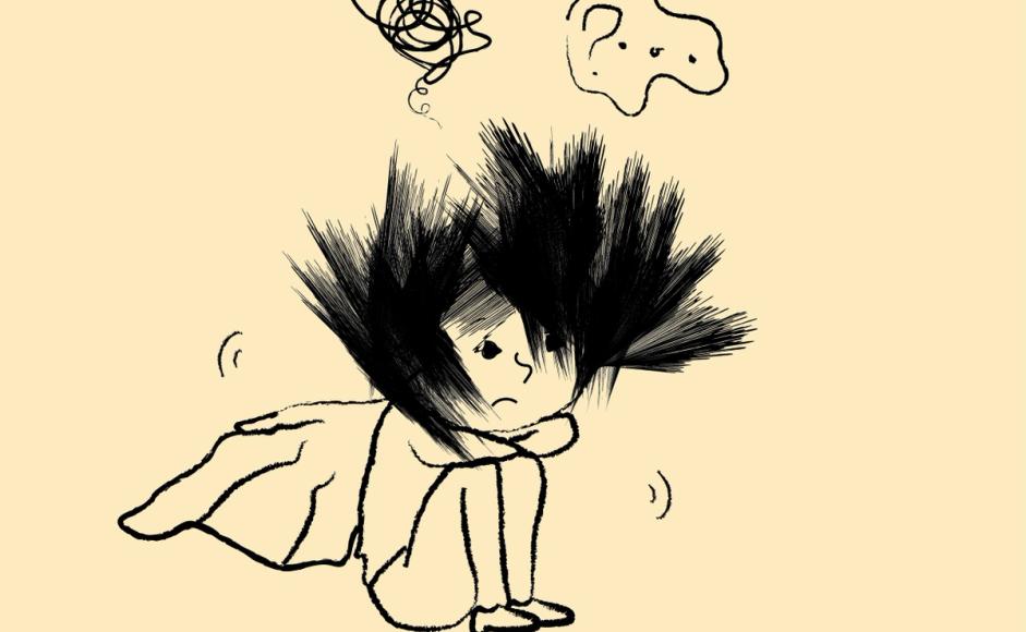 Kris sitter og skjelver. Av tankeboblene kan vi se at han har vanskelige tanker.