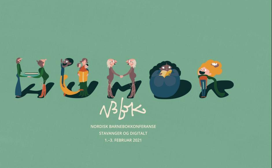 Tegnefigurer i ulike figurer, skyggene deres staver temaet "Humor". Under står det Nordisk Barnebokkonferanse, Stavanger og digitalt, 1.-3. februar 2021. 