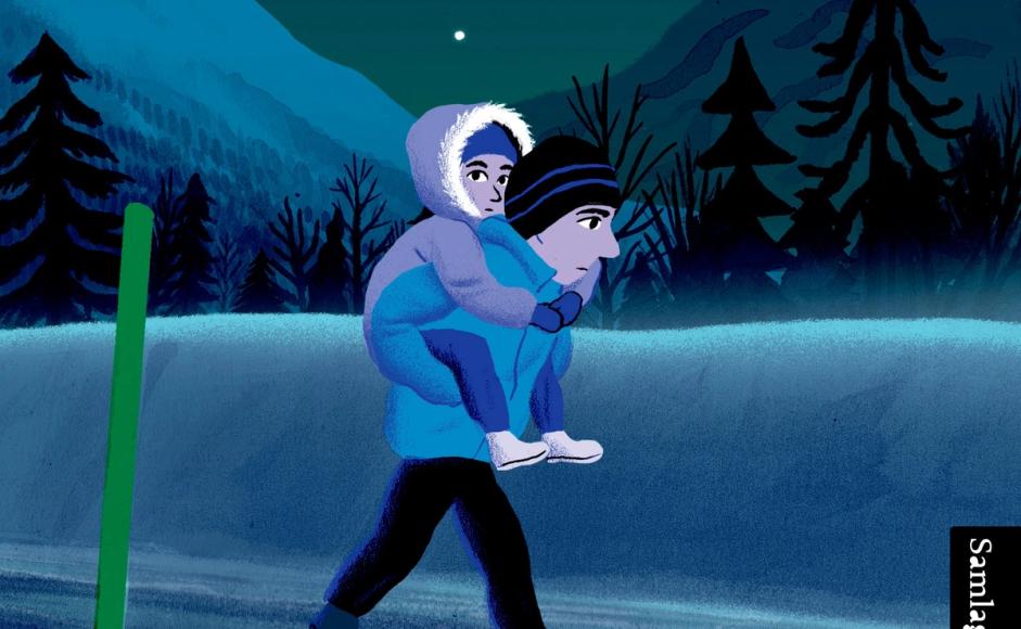 Et barn med et annet barn på ryggen flukter en mørk vinternatt. Fra forsideillustrasjonen til Polarnatten. Illustrert av Bjørn Rune Lie. 