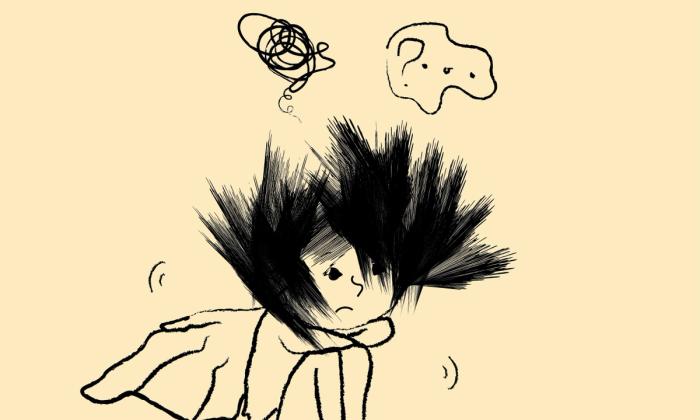 Kris sitter og skjelver. Tankeboblene viser at han tenker på noe vanskelig.