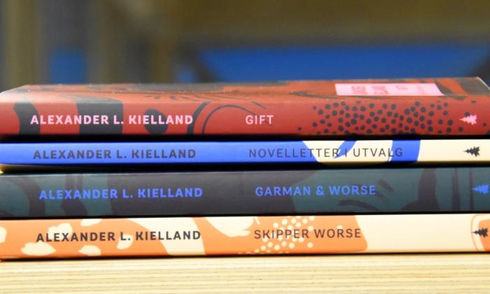 Foto av bokomslagene til de fire bøkene av Kielland som er modernisert