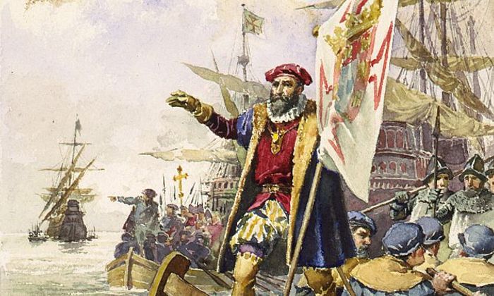 Vasco da Gama går i land i Calicut i mai 1498 (Wikimedia Commons)