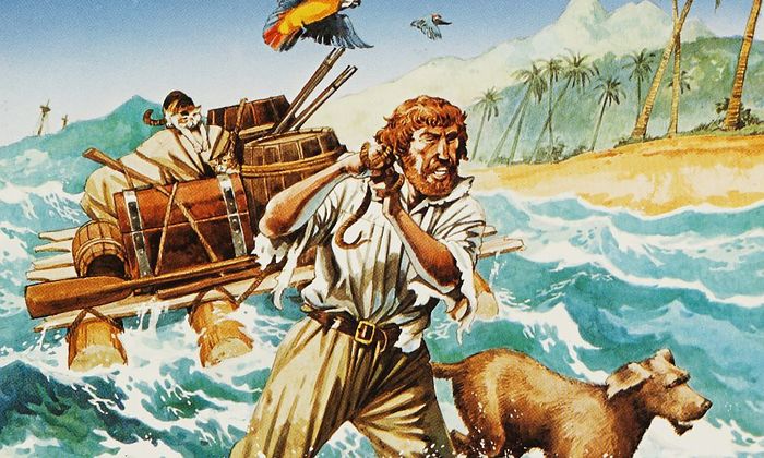 Mann som drar flåte med seg. The adventures of Robinson Crusoe bokomslag. Tegning.