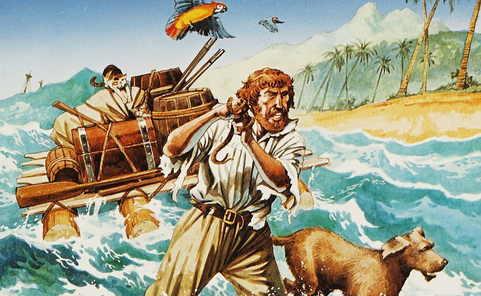 Mann som drar flåte med seg. The adventures of Robinson Crusoe bokomslag. Tegning.