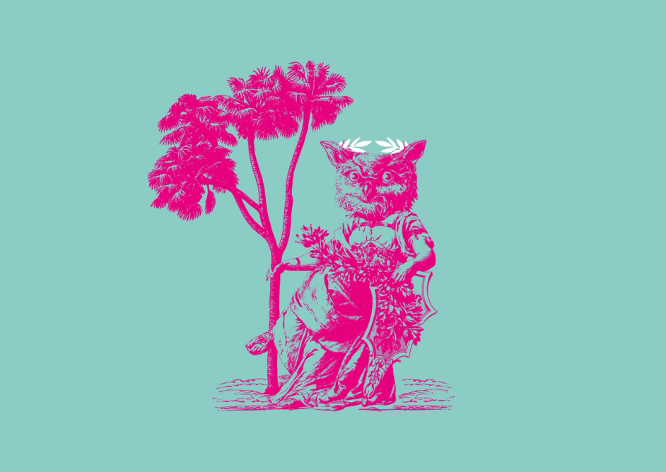 Rosa ugle svinger seg i et tre. Illustrasjon for høstferie. 