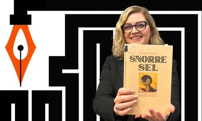 Marianne Hovdan holder boka Snorre Sel foran en logo for Ytringsfrihetsbyen Stavanger