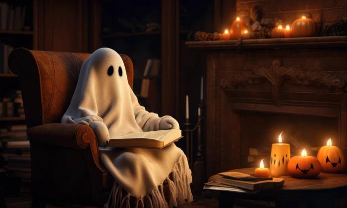 Et søtt spøkelse leser en skummel bok foran peisen med mange Halloween lys rundt. Foto: Gratis Graphics.