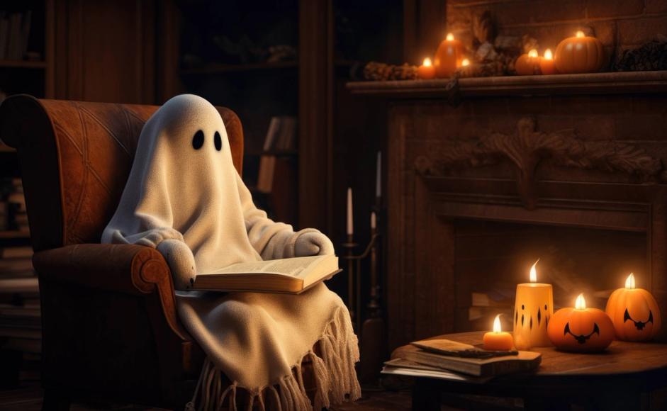 Et søtt spøkelse leser en skummel bok foran peisen med mange Halloween lys rundt. Foto: Gratis Graphics.