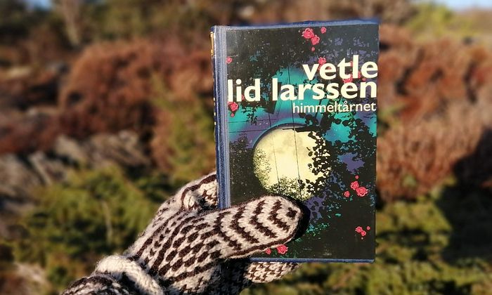 Hånd i vott som holder Vetle Lid Larssens bok Himmeltårnet