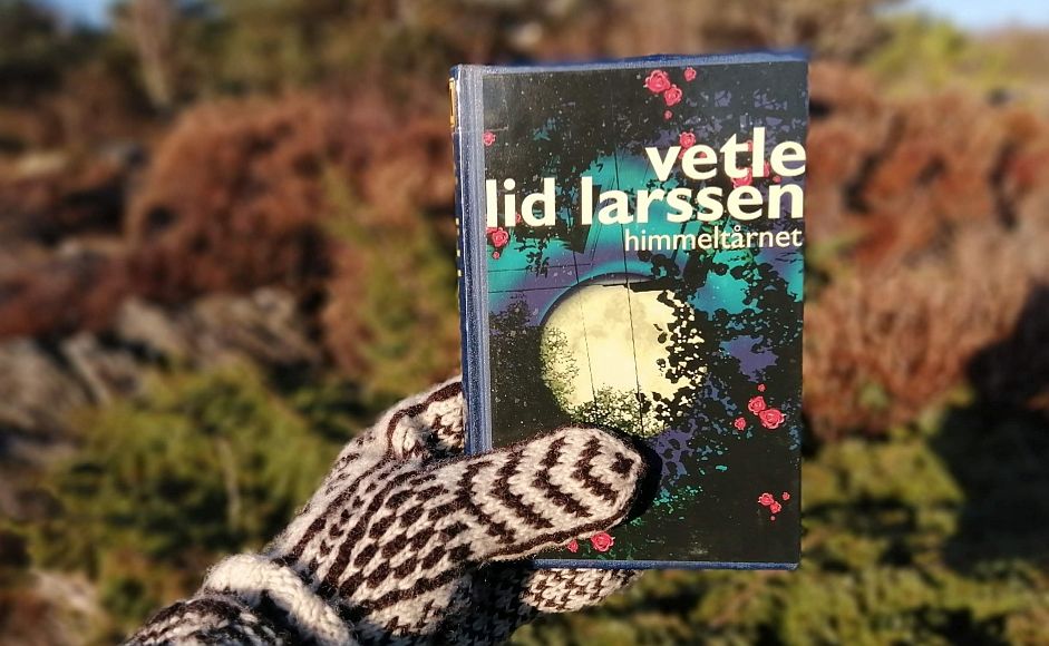 Hånd i vott som holder Vetle Lid Larssens bok Himmeltårnet