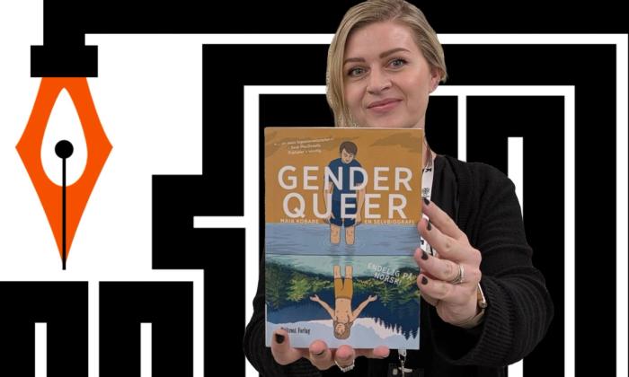 Marianne Hovdan holder boka Gender queer foran bakgrunn for Ytringsfrihetsbyen Stavanger
