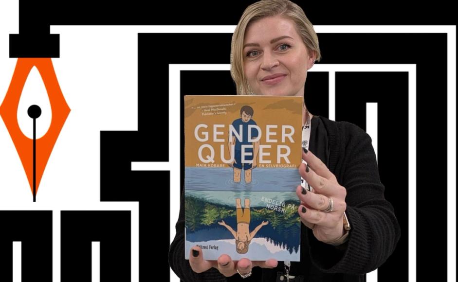 Marianne Hovdan holder boka Gender queer foran bakgrunn for Ytringsfrihetsbyen Stavanger